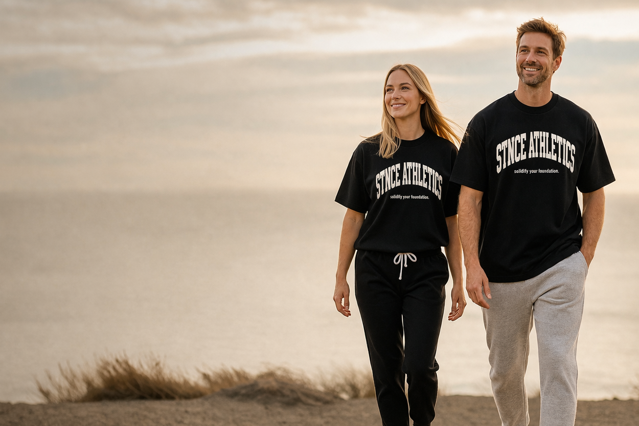 Two people walking on a beach wearing matching black t-shirts with text.